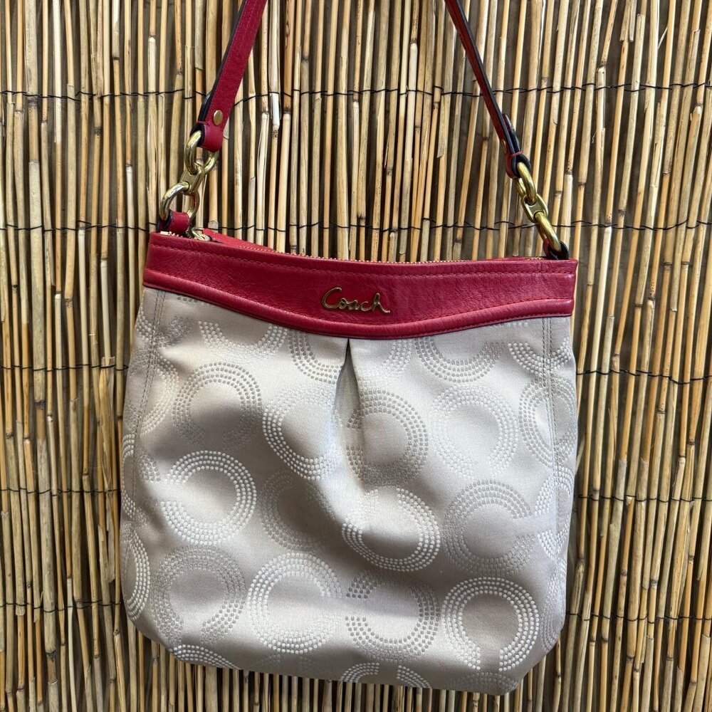 COACH Ashley Dotted Op Art Beige Jacquard & Red Leather Shoulder Bag F20088